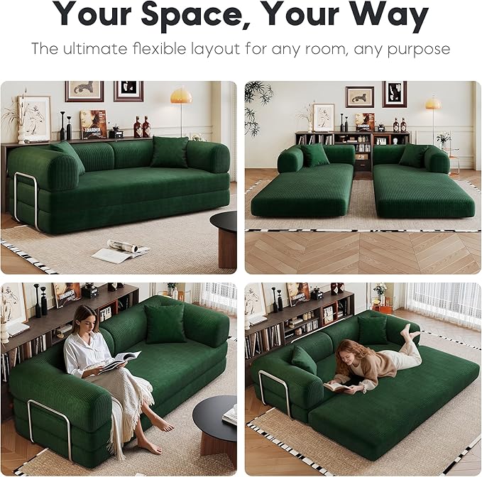 Convertible Sleeper Sofa Bed Corduroy Floor Couch Bed with Silver Fixed-Shape Frame Modern Modular Sofa with Pull Out Bed Loveseat Sleeper Boneless Couch for Living RoomGreen