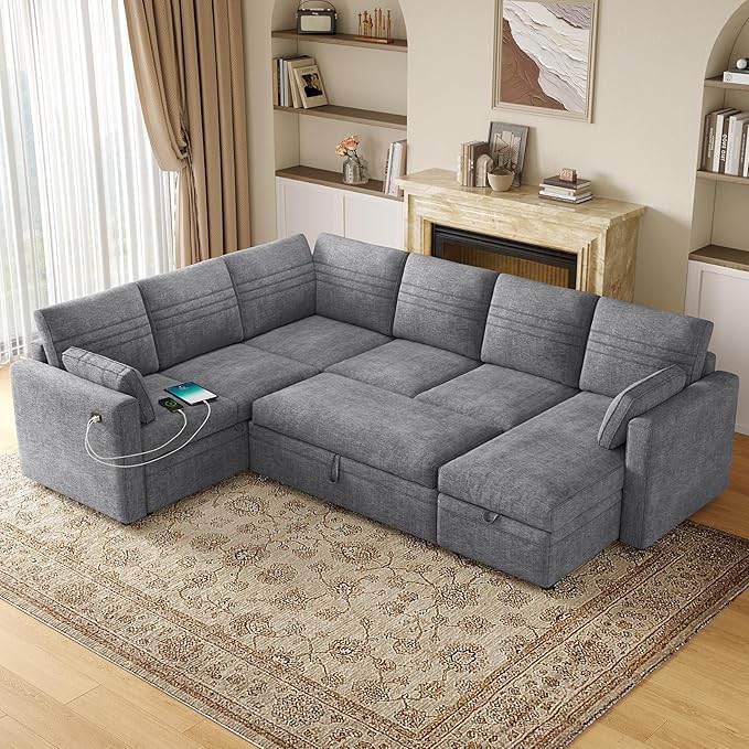 ONBRILL 105 Modular Sectional Sleeper Sofa with Pull Out Bed6 Seat Sectional Sleeper Sofa with Storage ChaiseUSB PortsModern U-Shaped Couches for Living RoomTool-Free AssemblyChenilleGrey