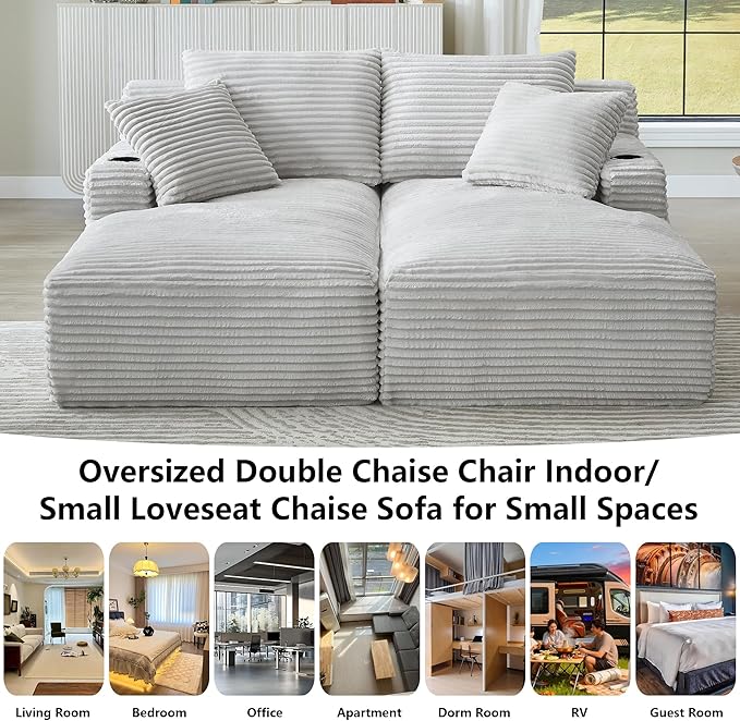 Setawix Corduroy Double Chaise Lounge Sofa Chair Indoor70.9 Modern Boneless Loveseat SleeperCompressed Cloud Lounger Couch BedDIY Modular Sectional Sofas with CupholdersNo Assembly