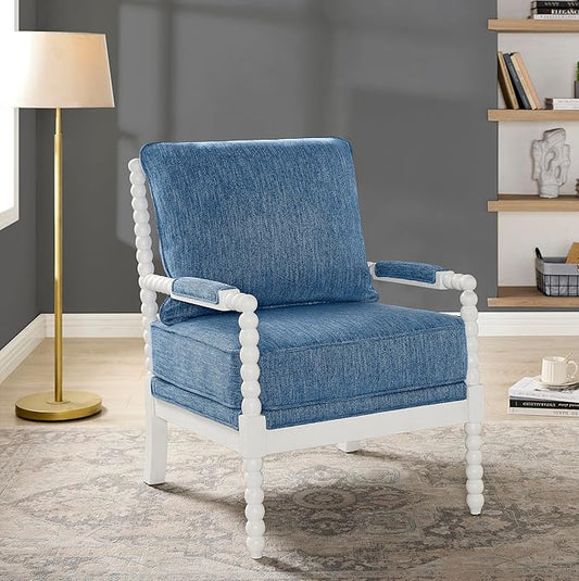 Roundhill Furniture Belvoir Upholstered Spool Accent Chair with Turned Wood Frame Denim Blue with White Finish