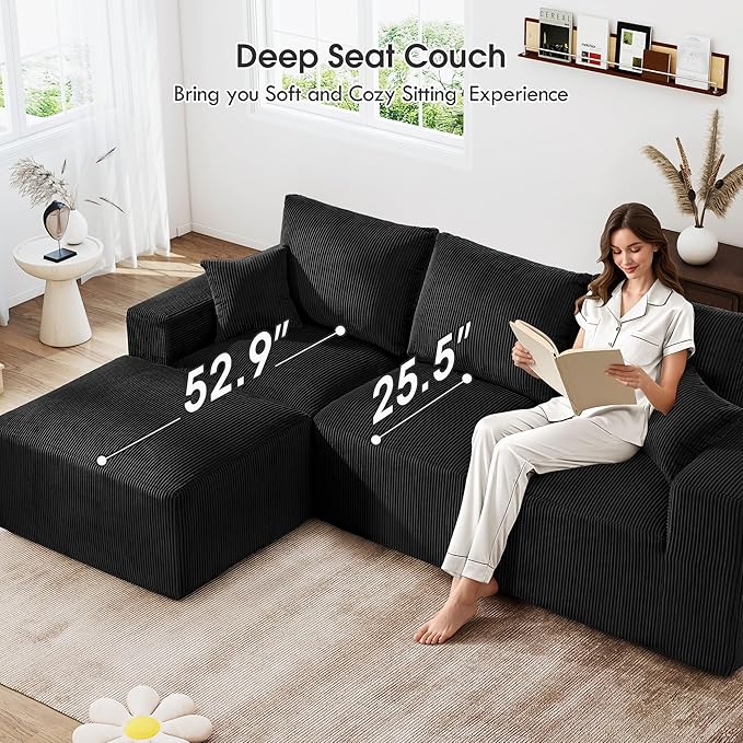 108 Modular Cloud Sectional Sofa 17.8 Comfort Height &amp Neck Pillow Modern Corduroy Couch with L-Shape Oversized Chaise for Living Room Bedroom No Assembly Required (Black)