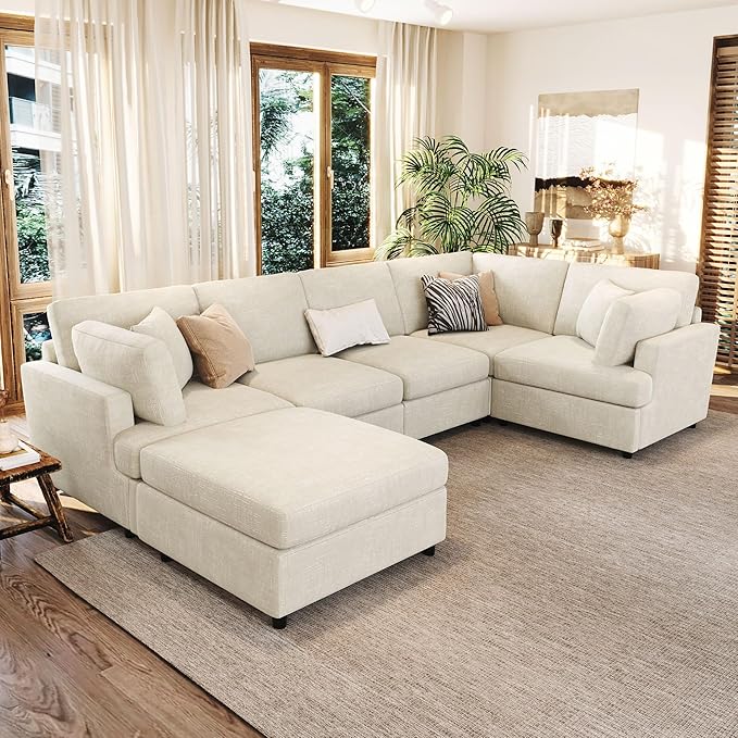Modern Large Modular Sectional Couch U-Shape Sectional Sofa with Removable Ottoman Polyester Sofa 6-Seater Couch with Solid Wood Legs for Living Room (Beige-29J)