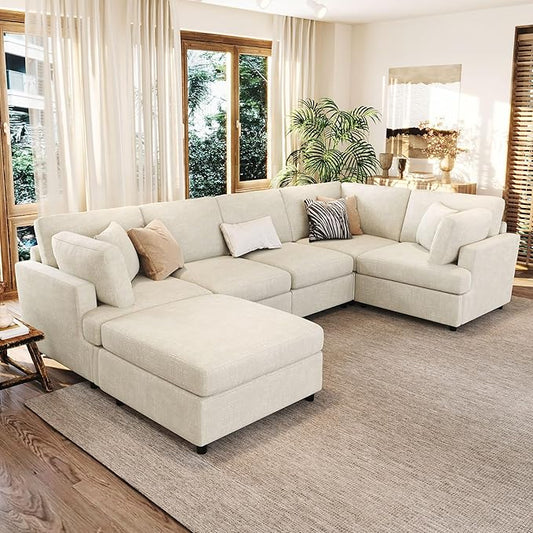 Modern Large Modular Sectional Couch U-Shape Sectional Sofa with Removable Ottoman Polyester Sofa 6-Seater Couch with Solid Wood Legs for Living Room (Beige-29J)