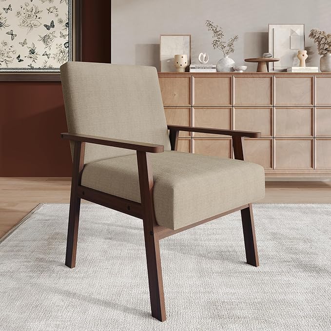 Mid-Century Modern Accent Chair Linen Upholstery Wooden Armrests Cushioned Seat Easy Assembly Beige