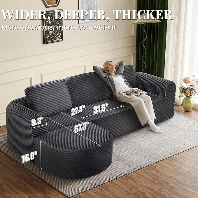108” Modular Sectional Sofa Boneless Couches for Living Room Deep Seat L-Shape Cloud Couch with Chaise Comfy Sofa Freely Change Configurations No Assembly Required Soft Plush Corduroy Fabric(Grey)