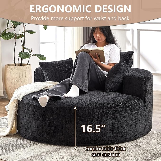 55''W Oversized Round Chair with PillowsComfy Chenille Single ChairOversized Accent Chair with Deep Seat Modern Large Reading Chairs for Living Room &amp Bedroom (Black)