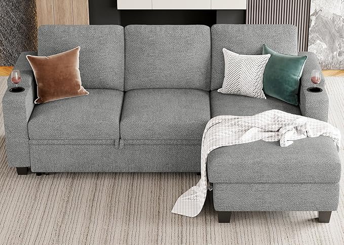 Belffin Sleeper Sofa Bed Pull Out Couch L Shaped Couch with Storage Right-Facing Chaise Modular Sectional Sofa with Cup Holder. Light Grey