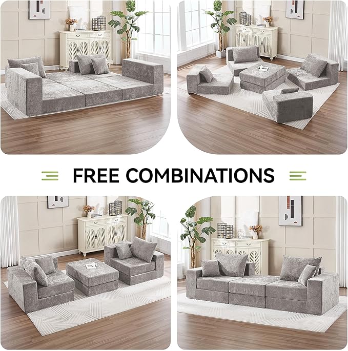 79 Boneless Loveseat Sofa Couch Modular Foldable Floor Cloud Sofa with Ottoman Lounge Convertible Sofa Bed for Living Room No Assembly Chenille Light Grey