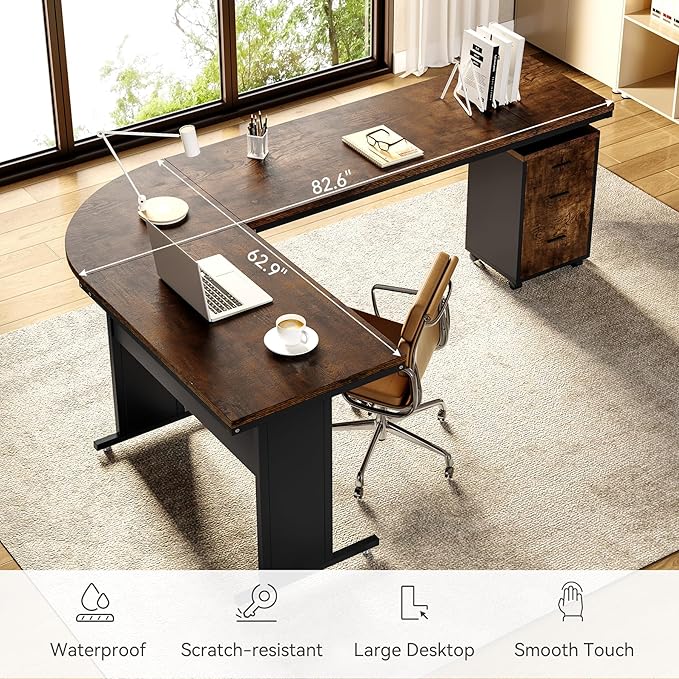 LITTLE TREE 83 Inch L-Shaped Office Desk with Drawers Large Executive Office Desk with Storage Wooden Computer Desk with File Cabinet Modern Work Desk for Home Office Brown