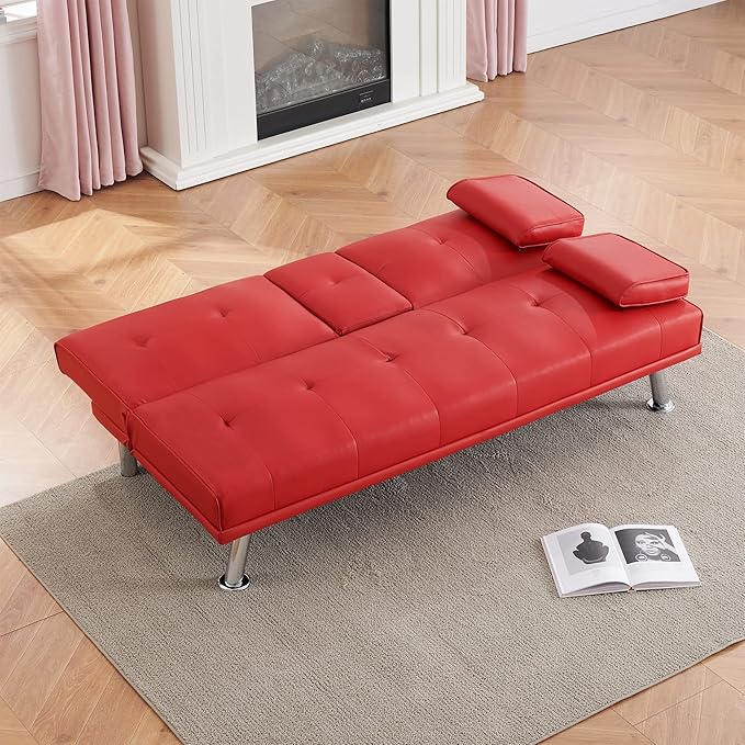 67 Multifunctional Double Folding Sofa Bed with 2 Cup HoldersLeather Couch Loveseat Sleeper with Removable ArmrestsConvertible Folding Couches Bed for Office Small Spaces (Red)