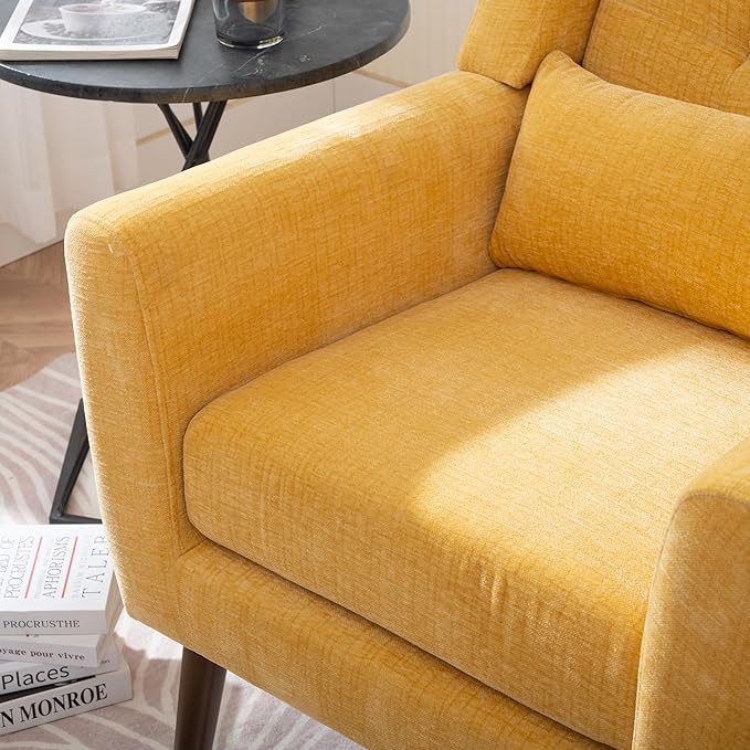 Livavege Mid Century Accent Chair with Wood Frame Chenille Fabric Modern Upholstered Lounge Reading Living Room Armchair w/Waist Cushion Comfy Single Sofa for Bedroom Sunroom Yellow