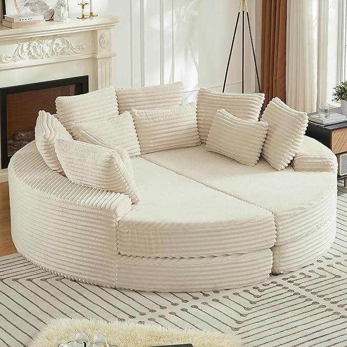 78.5 Oversized Round Chaise LoungeModular Convertible 2-in-1 Sofa Bed Upholstered CorduroyBoneless Plush Couches with PillowNo Assembly RequiredBeige