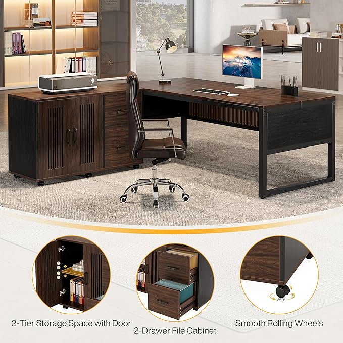 Tribesigns 63-Inch L-Shaped Desk Modern Executive Desk with Mobile File Cabinet Large Office Desk with Door Storage Cabinet and Drawer Business Furniture for Home Office Dark Walnut &amp Black