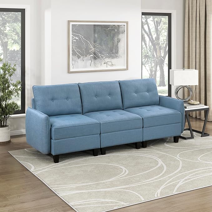 Lexicon Modern Couch with Hidden Storage Textured Fabric Modular Sofa Couch with Button-Tufted Design Reversible Back Cushion for Living Room/Bedroom/Office Blue