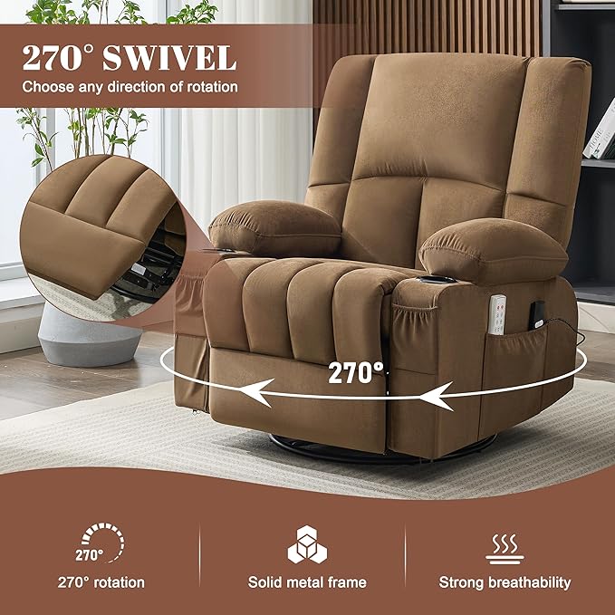 Oversized Recliner Chairs for Adults 270° Swivel Rocker Recliner with Heat and Massage Lazy Boy ReclinerRecliner Chairs Single Sofa Seat with Cup Holders (BrownElectric)