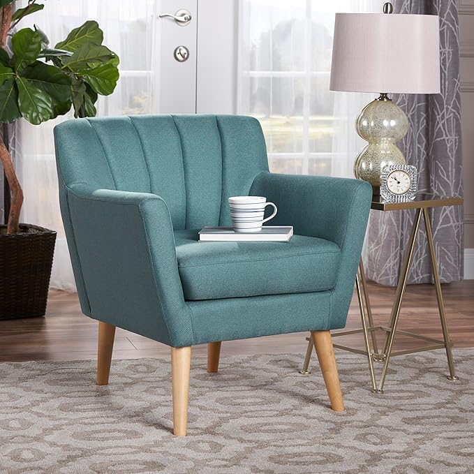 Mid-Century Accent Chairs Modern Upholstered Living Room Chair Cozy Armchair with Wood Legs for Bedroom/Office/Cafe/Living Room (Teal + Linen)