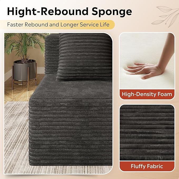 WLIVE 32'' Middle Sofa Seat of Cloud Sectional Couches for Living Room Boneless Armless Chair Memory Foam Corduroy Black