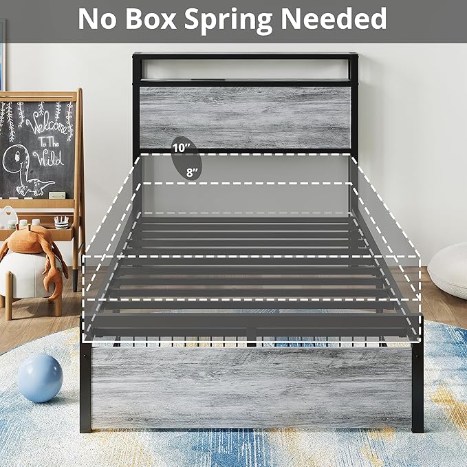LIKIMIO Twin Bed Frames with Drawer Storage Headboard with Outlets No Box Spring Needed Easy Assembly Industrial Gray