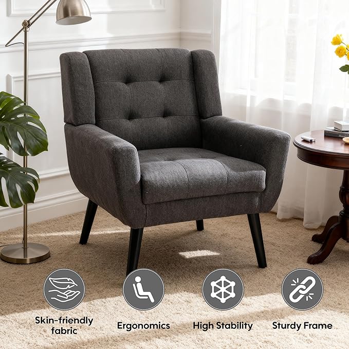 Linen Accent Chair Mid-Century Modern Tufted Armchair for Living Room Bedroom &amp Office (Drak Gray)