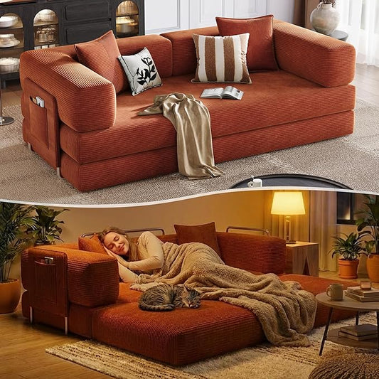 78.8'' Boneless Sleeper Sofa BedConvertible Futon Couch with Storage Pocket and 2 PillowsModular Corduroy Sofa for livingroomSmall speaceOrange