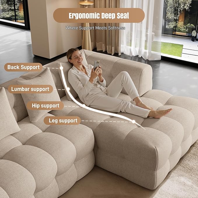 120 Boneless-Couch L-Shaped Sofa for Living Room Cloud Couch with Chaise Lounge Sectional Upholstered Chenille Deep Seat Couches with 4 Pillows No Assembly Required Light Brown