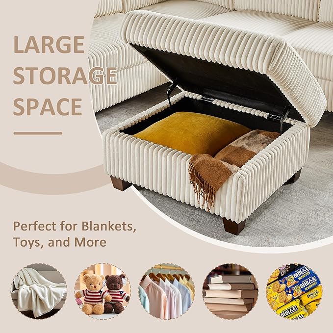 90.6 V-Shaped Modular Sectional Sofa Couch Corduroy Corner Couches with Storage Ottoman 6-Seat Upholstered Oversized Couch Modern Sofa for Living Room Bedroom Apartment Office (Beige)