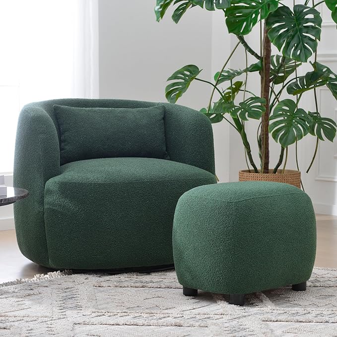 KINWELL 34 Wide Boucle Swivel Barrel Chair with 23 Ottoman Set Fully Assembled Set of Sherpa Accent Chair and Footrest Modern Comfy Armchair and Footstool for Living Room and Bedroom Green