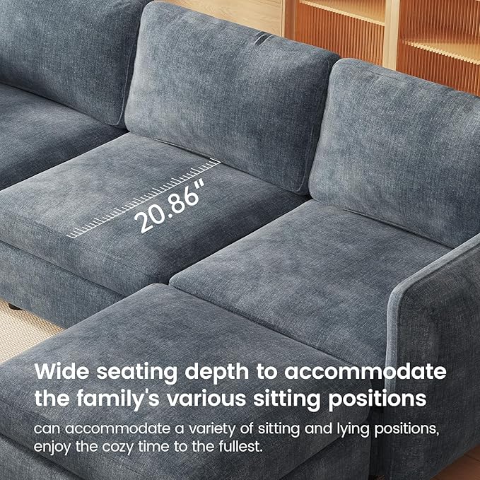 92.51 U Shaped Couch 5-Seater Modular Sectional Sofa with Chaise Comfy Cloud Couch with 2 Storage Ottomans Upholstered Sectional Sofa with Deep Seat for Living Room Apartments Blue