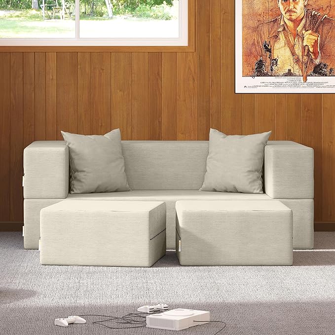 Jaxx Zipline Convertible Sleeper Loveseat &amp Ottomans Textured Microvelvet - Ivory