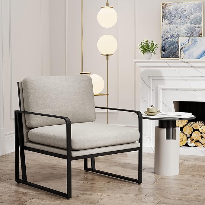 Andeworld Modern Accent Chair Set of 2 Mid Century Living Room ArmchairUpholstered Linen Sofa Side Chair with Metal Legs for ReadingLoungingBedroom Apartment Light Grey 2