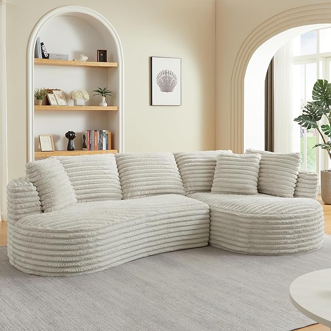 Modern Boneless Curved Sectional Sofa Oversized Minimalist L-Shape Corduroy Sponge Sofa with Round Chaise Comfy Sleeper Couch for Living Room Apartment Reception Spaces 4 Seat Ceam Right Chaise