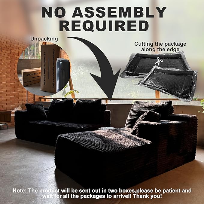 106'' Cloud Sectional Couch L-Shape Couch with Deep Seat Sectional Sofa Living Room Sofa No Assembly Required Black Right Chaise Corduroy Fabric