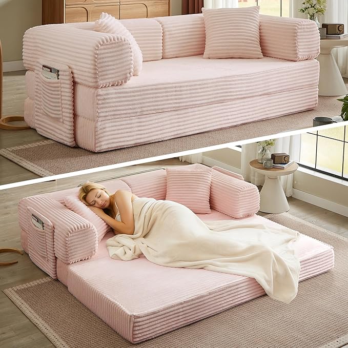 Boneless Couch Folding Couches for Living Room Sofa Futon Sofa Bed with Sleeper Sofa Futon Couch with Fixed-Shape Oversized Corduroy Upholstered (Pink 81 Inches)