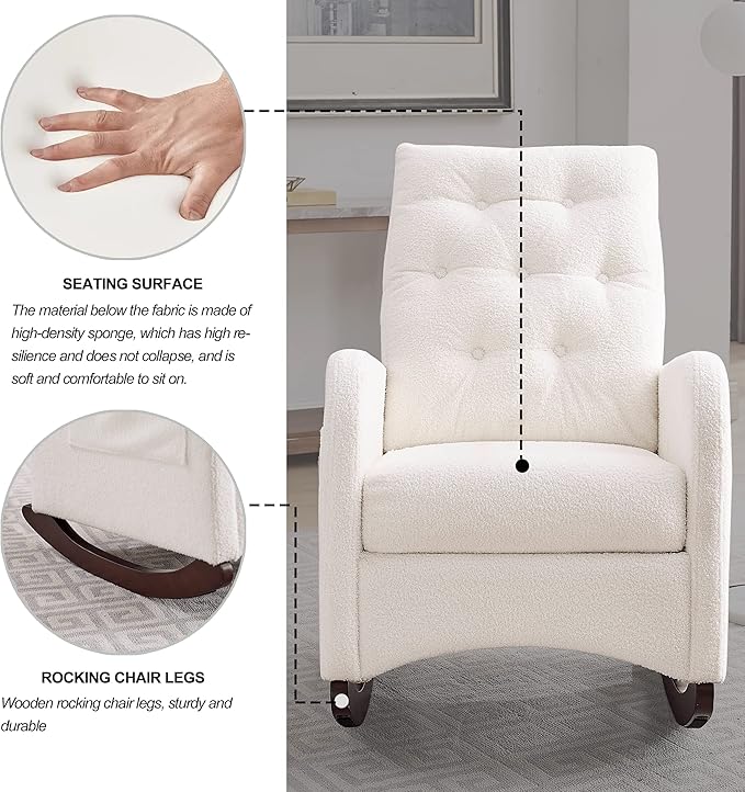25.6 W Modern Accent High Backrest Living Room Lounge Arm Rocking Chair Two Side Pocket