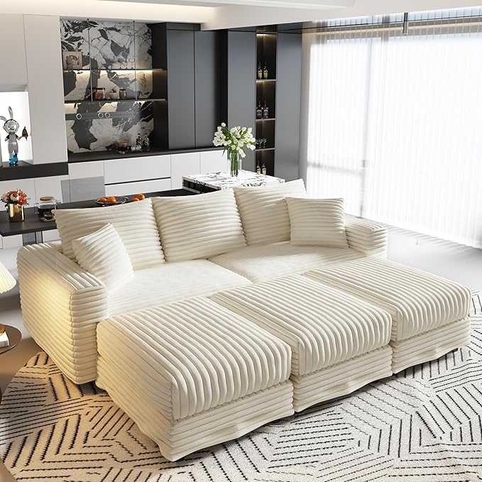 82.7'' Oversized Corduroy Couch Modular Sectional Sofa with 3 Ottomans Sleeper Sofa Bed Full Size Upholstered 3 Deep Seat L Shape Sofa Convertible Cloud Couches for Living Room Beige