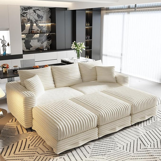 82.7'' Oversized Corduroy Couch Modular Sectional Sofa with 3 Ottomans Sleeper Sofa Bed Full Size Upholstered 3 Deep Seat L Shape Sofa Convertible Cloud Couches for Living Room Beige