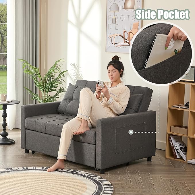 52 Sleeper Sofa with Pull-Out Bed 3-in-1 Convertible Sofa Bed Set of Loveseat with Stepless Adjustable Backrest and Side Pocket for Living Room Dorm Apartment Linen Dark Gray