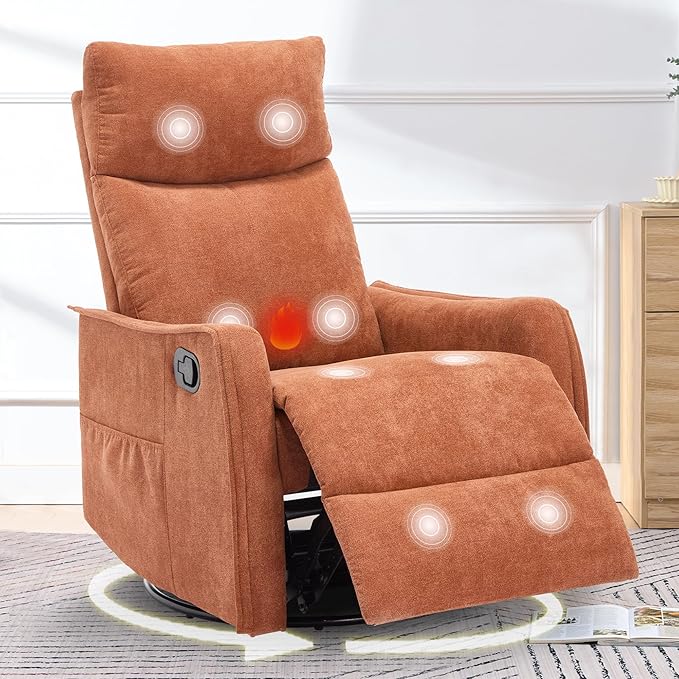 cinkehome Swivel Rocker Recliner Chair with Heated Massage Rocking Reclining Chairs for Nursery Small Spaces High Back Side Pocket