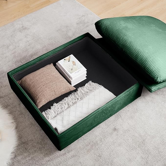 Corduroy Square Storage Ottoman with Removable Cushions 36.6 Inch Corduroy Fabric Cloud Ottoman Footrest for Modular Sofa Living Room Furniture Easy Assembly Green