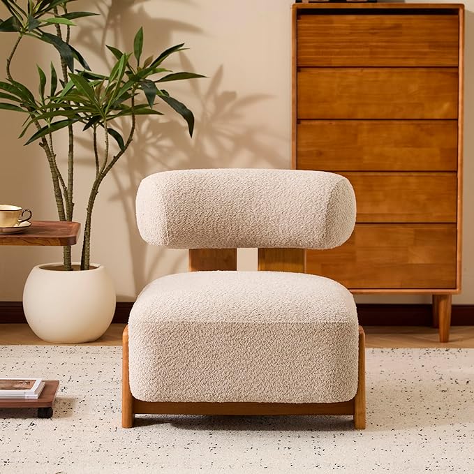 Modern Sherpa Accent Chair Upholstered Armless Slipper Chair Cute Furry Chairs with Curved Backrest and Solid Wooden Legs Side Chairs for Living Room Bedroom Reading Room (Boucle Almond)