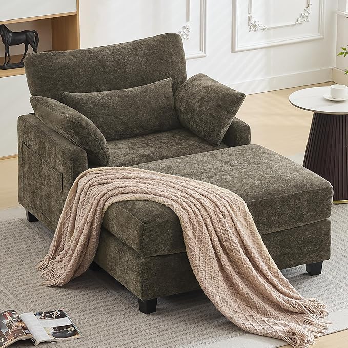 57.5 Oversized Chaise Lounge with Ottoman Indoor Brown Reading Chair with Ottoman &amp Sofa Bed Chenille Upholstered Comfy Sleeper Chair for Living Room Bedroom Office