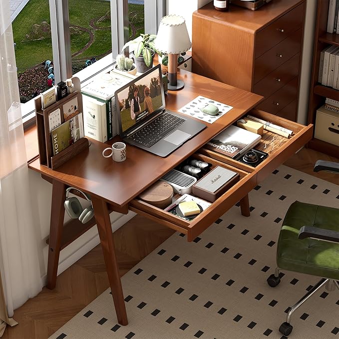 100% Solid Rubber Wood Desk Home Office Desk Mid Century Modern Writing Computer Desk with Drawer for Home Office 47