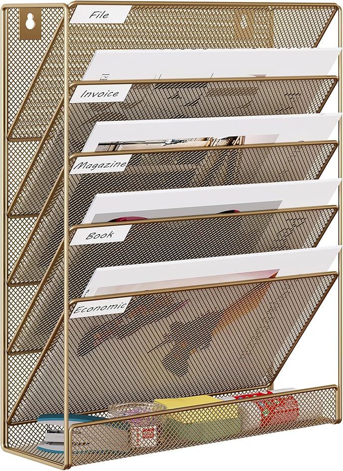 EasyPAG 5 Tier Wall File Holder Mesh Hanging Folder Organizer with Classify Label Versatile Desk File Holder Vertical Wall Mounted Mail Organizer for Office Home Cubicle Gold