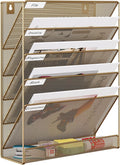 EasyPAG 5 Tier Wall File Holder Mesh Hanging Folder Organizer with Classify Label Versatile Desk File Holder Vertical Wall Mounted Mail Organizer for Office Home Cubicle Gold