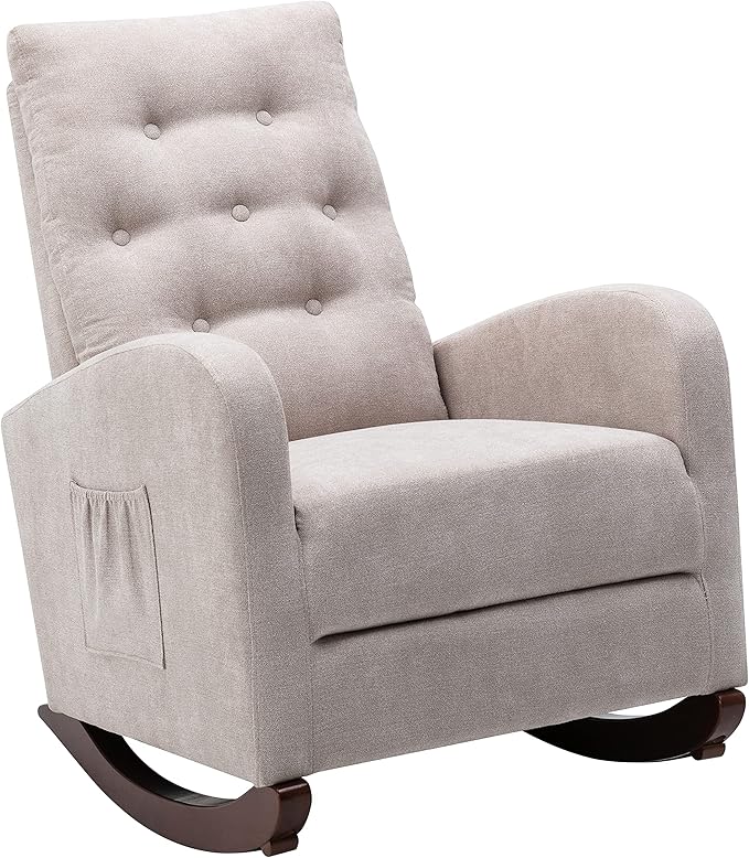 Cozy Linen Reclining Rocking Chair with Side Storage Pocket Comfortable Button Tufted Rocker Elegant and Functional Rocking Recliner Chair Ideal for Living Room &amp Nursery Grey