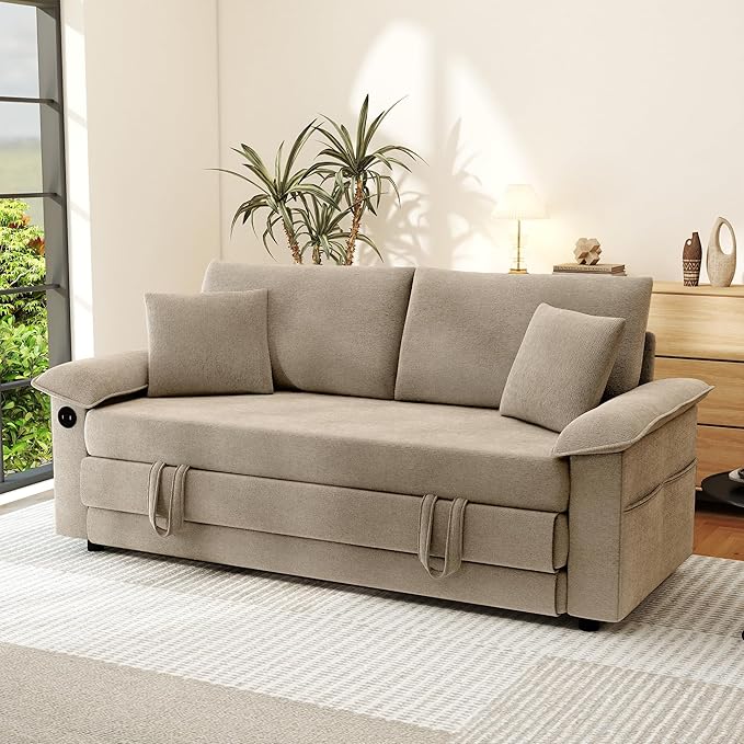 SUNWAVE Oversized Loveseat Sleeper Sofa 77 Convertible Sofa Bed 2-Seat Pull Out Couch w/USB Chenille Queen Folding Sofa Bed for Living Room Small Spaces Bedroom (Chestnut)