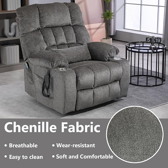 Oversized Power Lift Recliner Chair for Adult Elderly Dual Motor Lay Flat Electric Recliner with Massage &amp Heat 25.5 Wide Seat Big Tall Recliners for Living Room Bedroom Grey