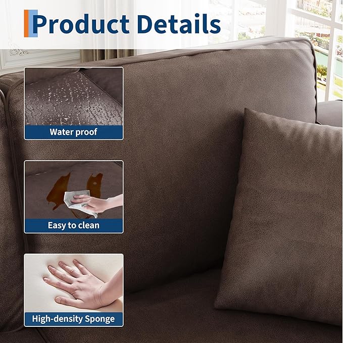 Faux Leather Couch with 2 Throw Pillows Sofa Couches for Living Room 3 Seater Sofa with Wide Armrests Wood Legs Deep Seats Back Cushion Sturdy Support Feet for Office Living Room Dark Brown