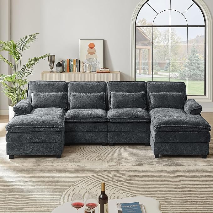 113 U Shaped Sectional Sofa Comfy Cloud Couch Chenille Sofa Sleeper Deep Seat Sofa with 4 Throw Pillows 4-Seater Double-Layer Modern Sofa for Living Room Dark Grey