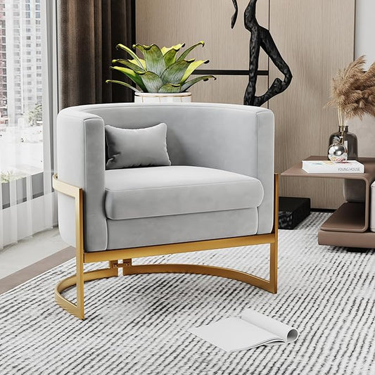 Alunaune Modern Velvet Accent Chair Barrel Living Room Chairs Upholstered Armchair Lounge Chair Mid Century Tub Bucket Club Side Chair Sofa for Bedroom-Grey